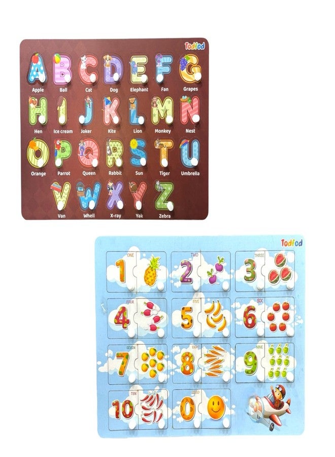 TodFod Wooden English Alphabets Puzzle with Mix Puzzle Toy for Kids & Children Alphabets Numbers & Shapes with Knob Educational and Pre-School Learning Boards Kids Toy (ABCD 4 in 1 & English Numbers) - Image 1